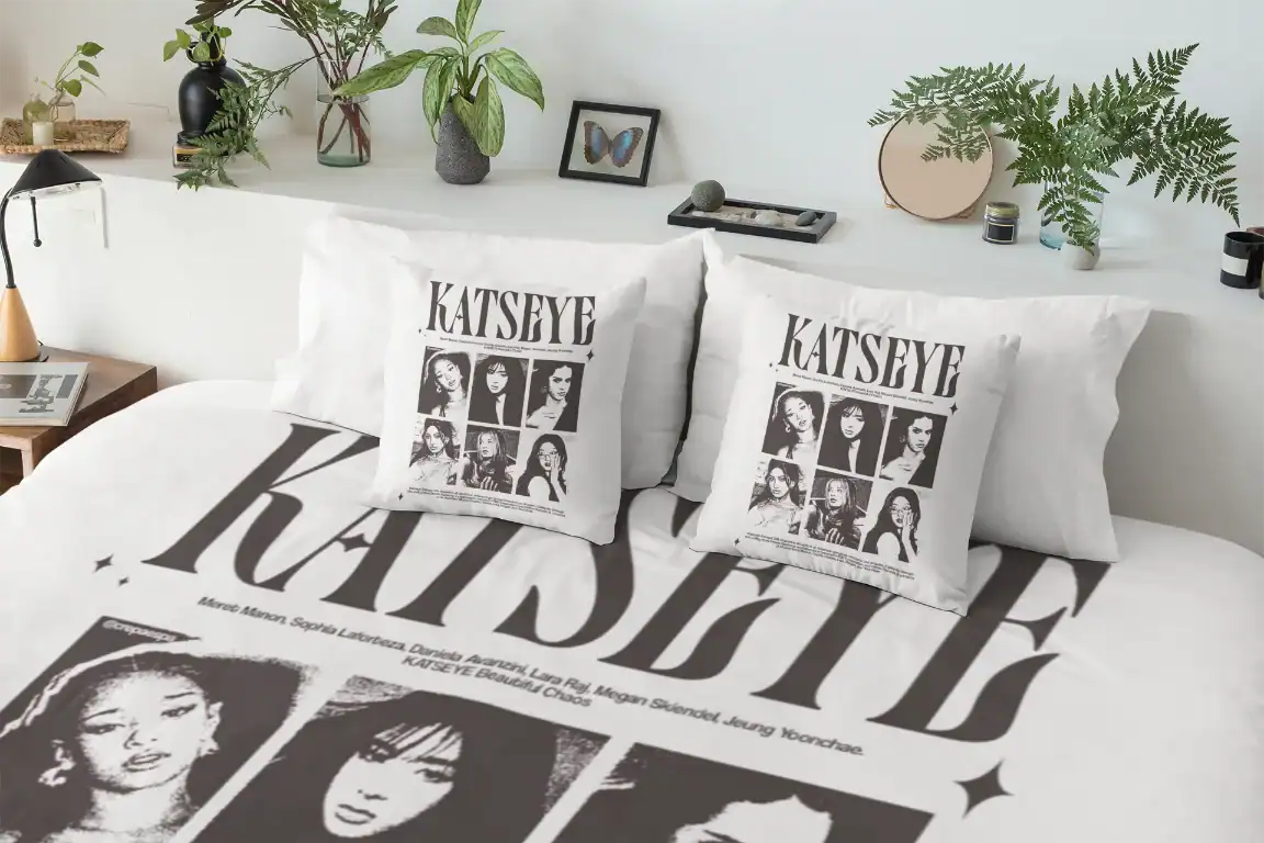 white katseye set of bed sheets with pillowcases